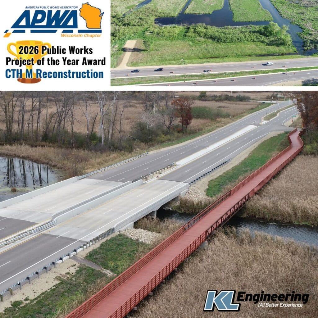 Aerial photos from the project showing the fish hatcheries and the new boardwalk, with APWA award details and logo and KL logo.