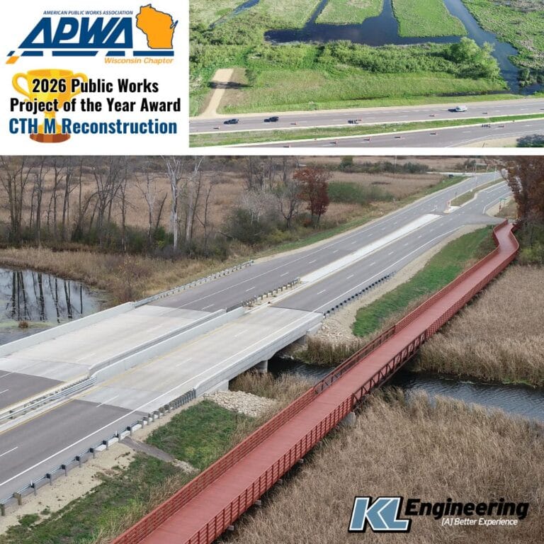 Aerial photos from the project showing the fish hatcheries and the new boardwalk, with APWA award details and logo and KL logo.