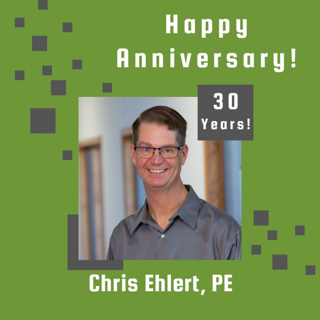 Photo of employee framed by a light green background with gray scattered boxes and Happy Anniversary text.
