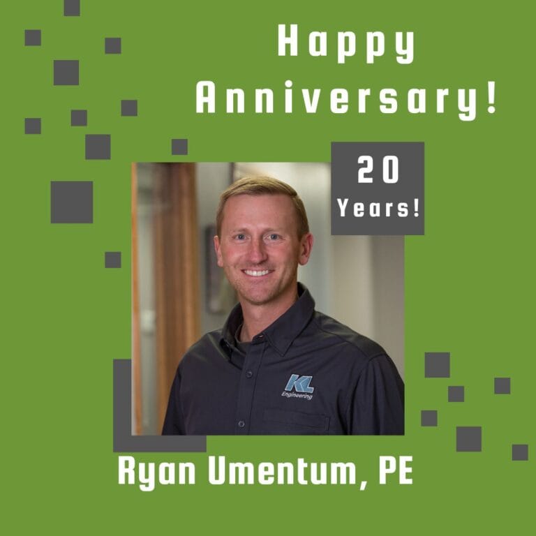 Photo of employee framed by a light green background with gray scattered boxes and Happy Anniversary text.