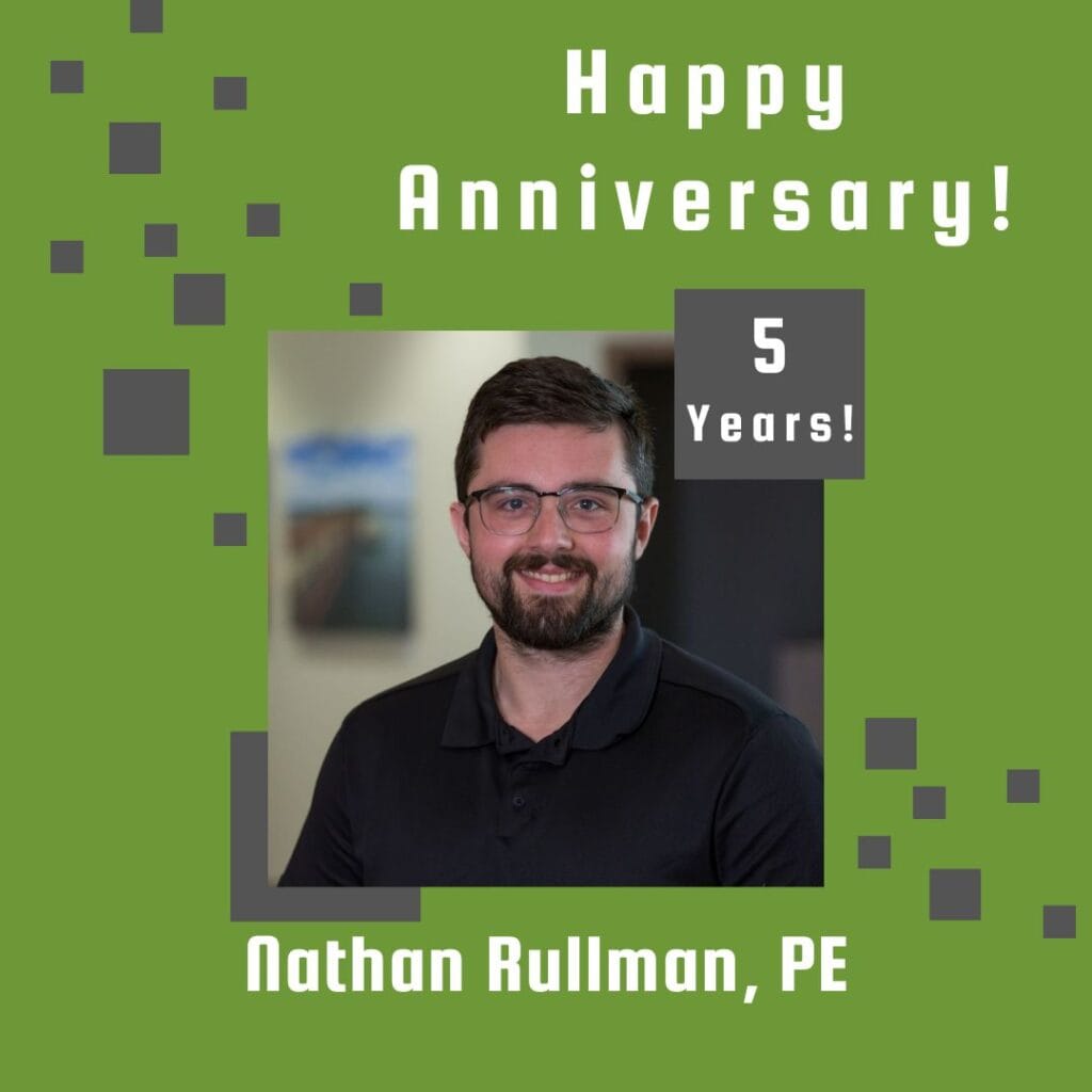 Photo of employee framed by a light green background with gray scattered boxes and Happy Anniversary text.