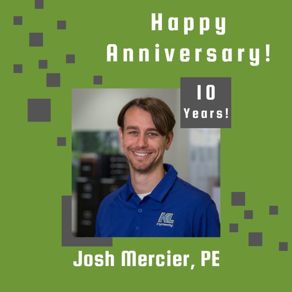 Photo of employee framed by a light green background with gray scattered boxes and Happy Anniversary text.
