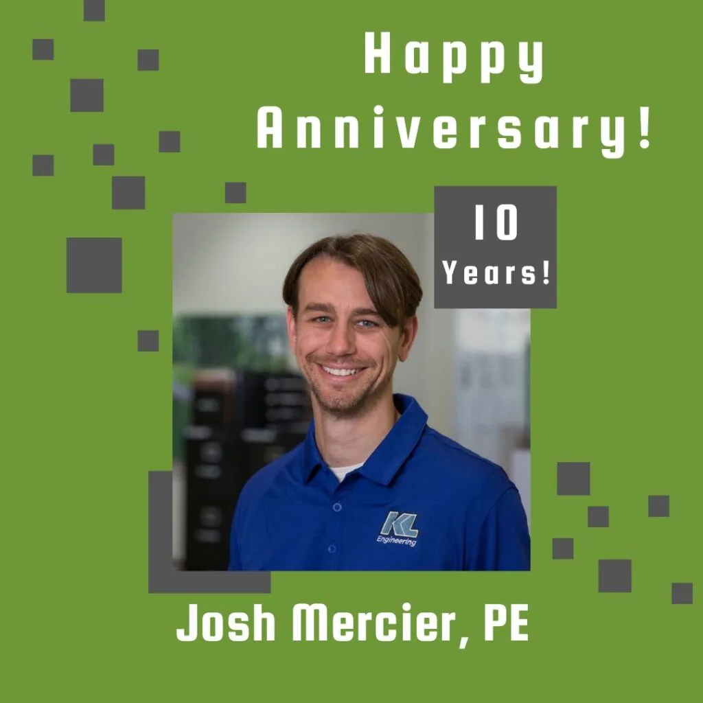 Photo of employee framed by a light green background with gray scattered boxes and Happy Anniversary text.