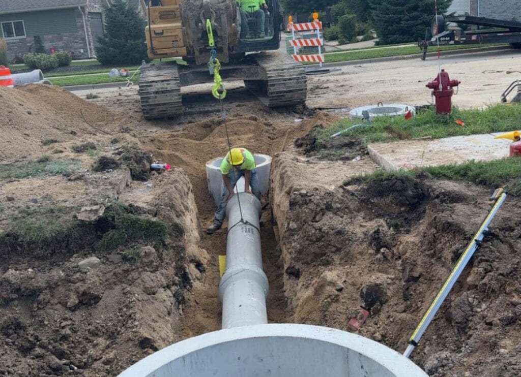 Construction workers installing a pipe underground in a residential area.
