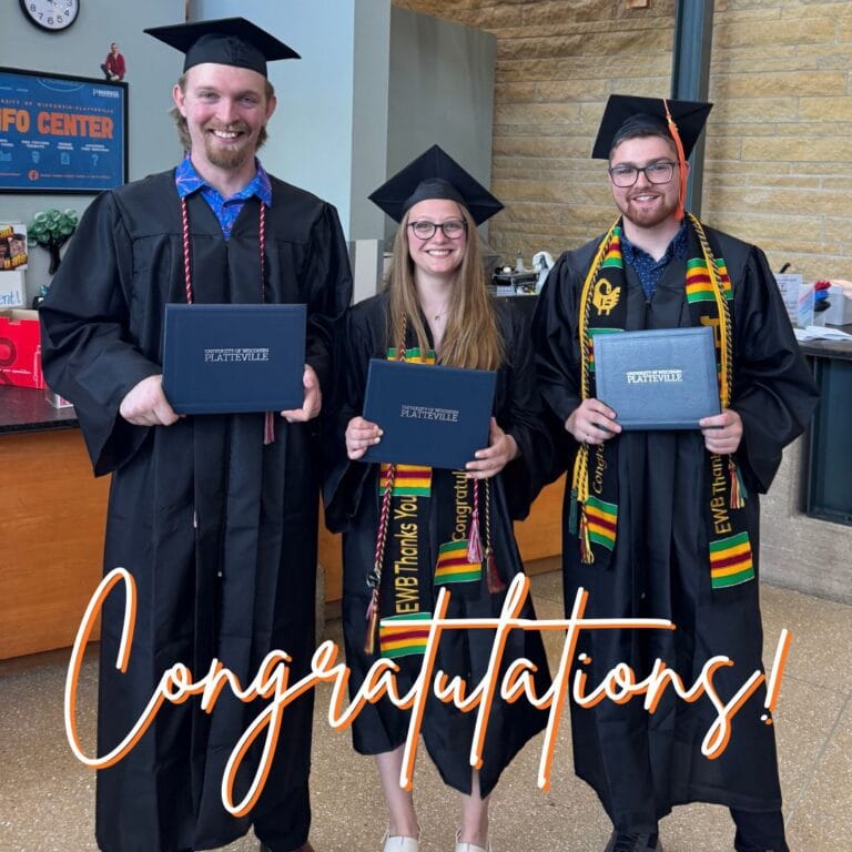 Photo of the 3 graduates in their caps and gowns with Congratulations underneath.