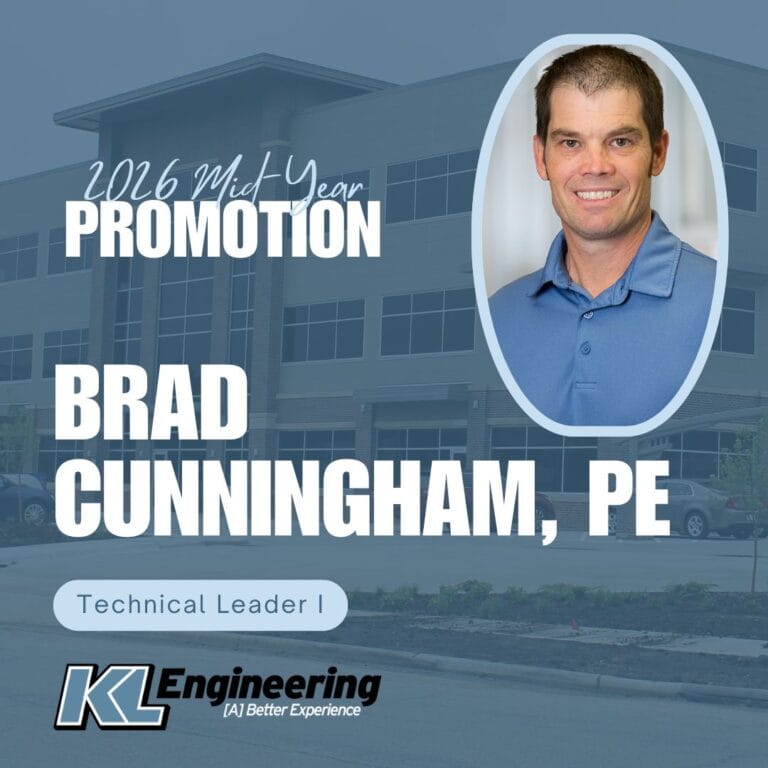 Graphic includes a photo of the employee being celebrated with text that shares the details of the mid year promotion. The background of the graphic is a photo of KL's Madison office, with a light blue filter over it.