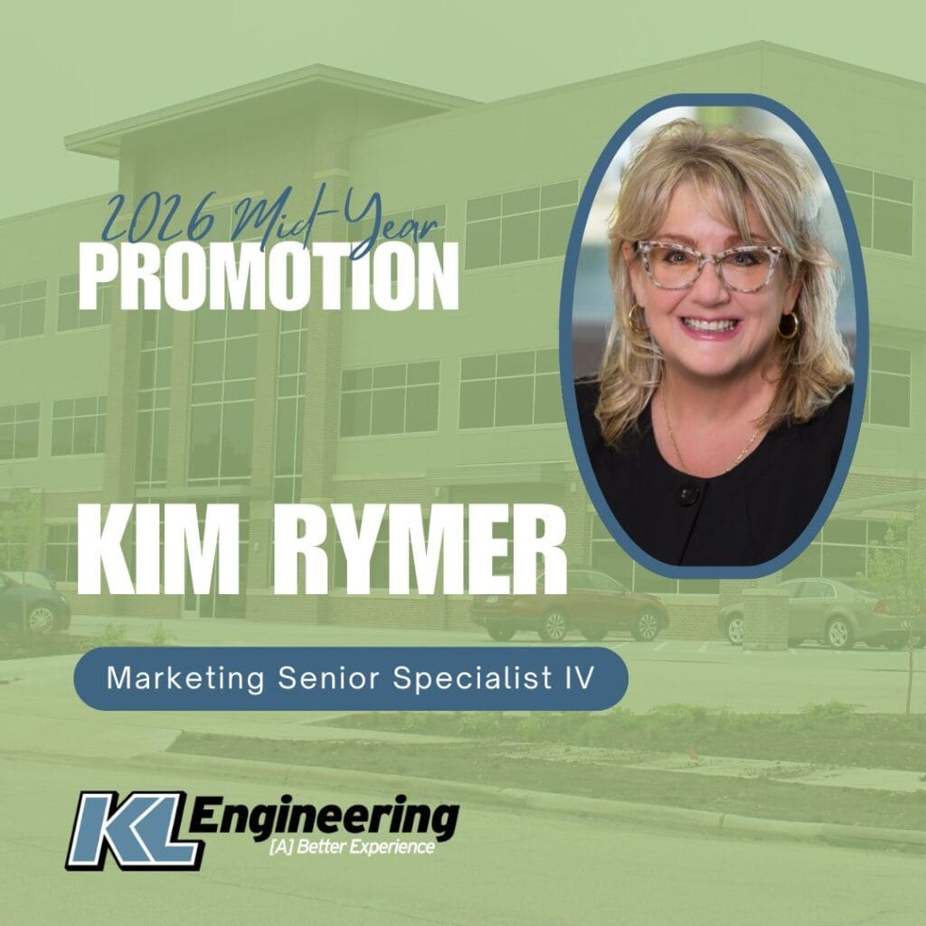 Graphic includes a photo of the employee being celebrated with text that shares the details of the mid year promotion. The background of the graphic is a photo of KL's Madison office, with a light green filter over it.