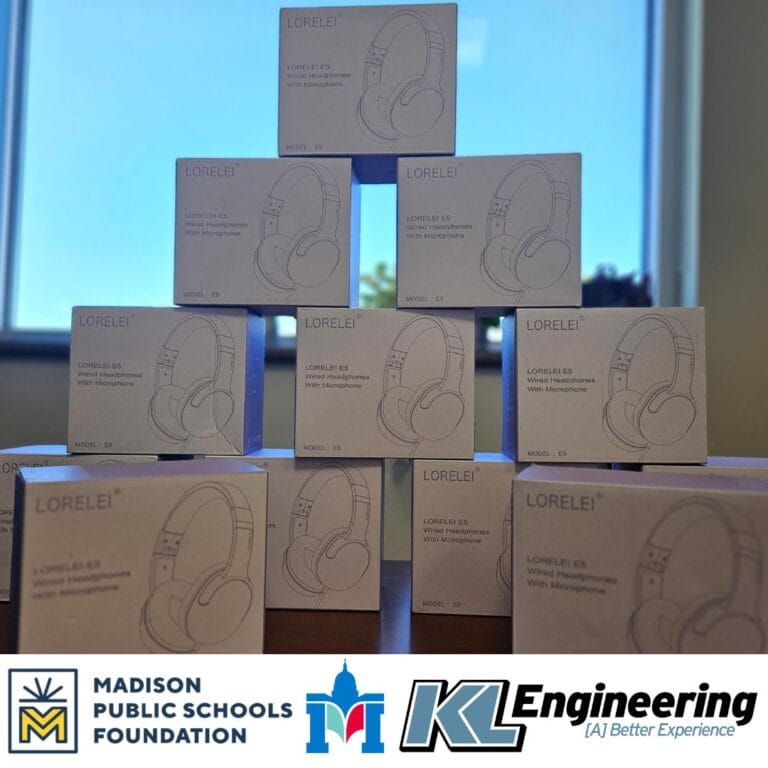 Graphic includes a photo of the headphones that were donated to the elementary school, as well as the logos for KL, the school, and Madison Public Schools Foundation.