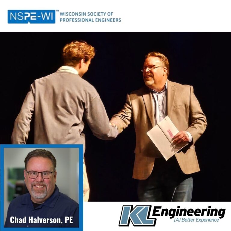 Graphic includes a photo from the scholarship event, as well as Chad's headshot and the NSPE-Wi logo with the KL Logo on the bottom.