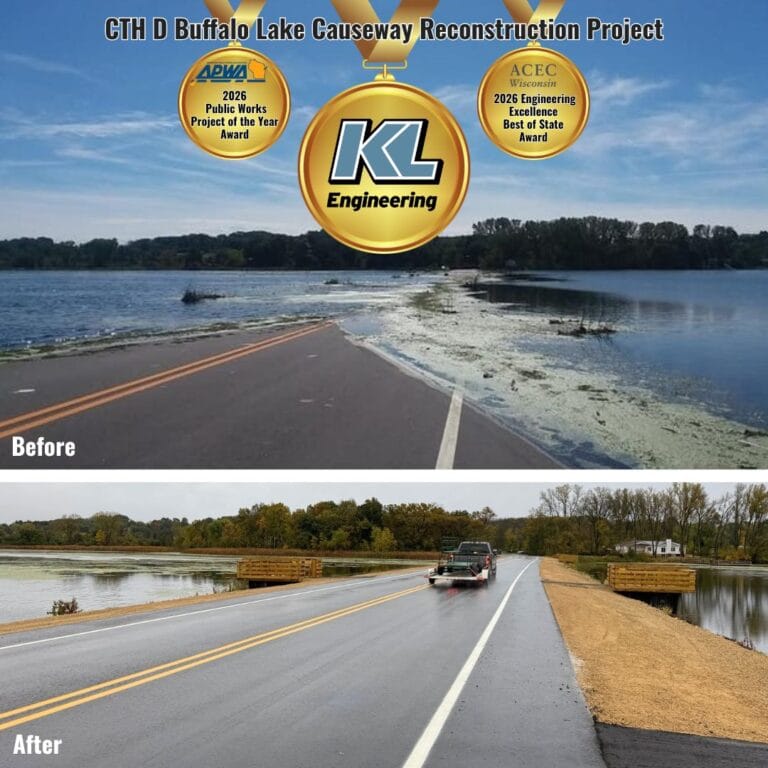 Graphic includes a "before" photo showing the flooding on the causeway, and an "after" photo of the completed project.