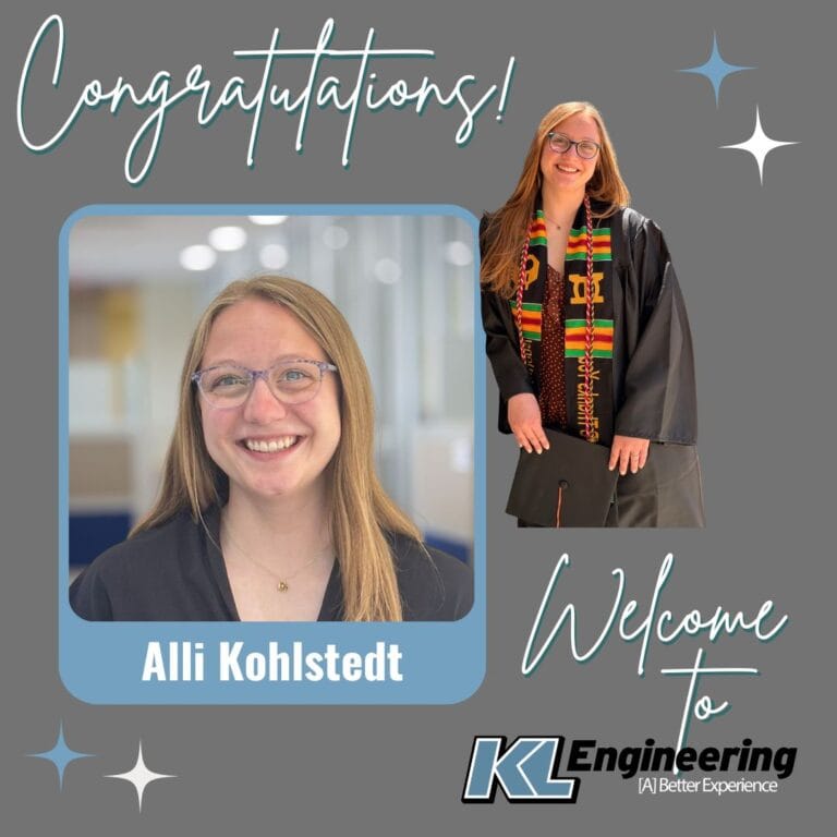 Graphic with photo of employee at office and photo from their graduation wearing cap and gown with Congratulations and Welcome to KL Engineering with their name.