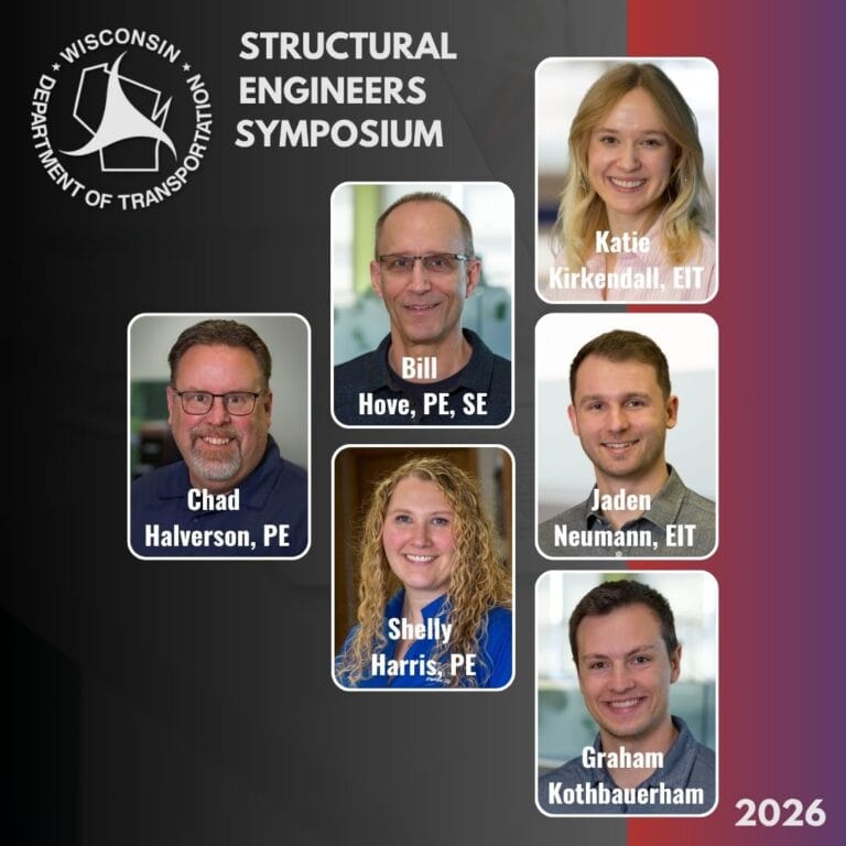 Graphic includes headshots of the people attending the conference, as well as the WisDOT logo on a black background with a red-blue gradient accent.