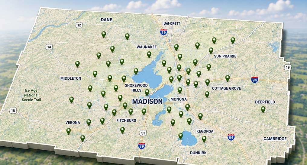 Charge Up Dane County graphic showing site map of Dane County