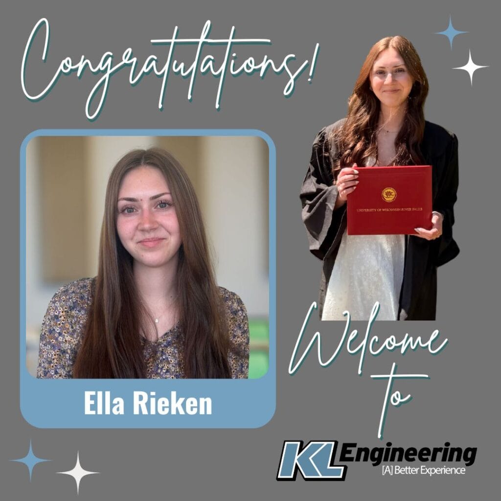 Graphic with photo of employee at office and photo from their graduation wearing cap and gown with Congratulations and Welcome to KL Engineering with their name.