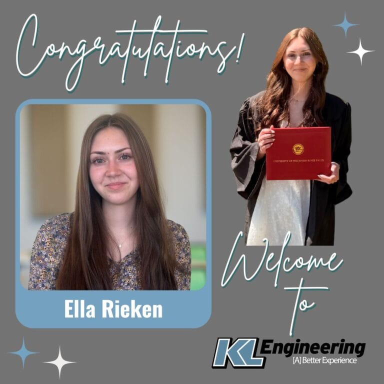 Graphic with photo of employee at office and photo from their graduation wearing cap and gown with Congratulations and Welcome to KL Engineering with their name.