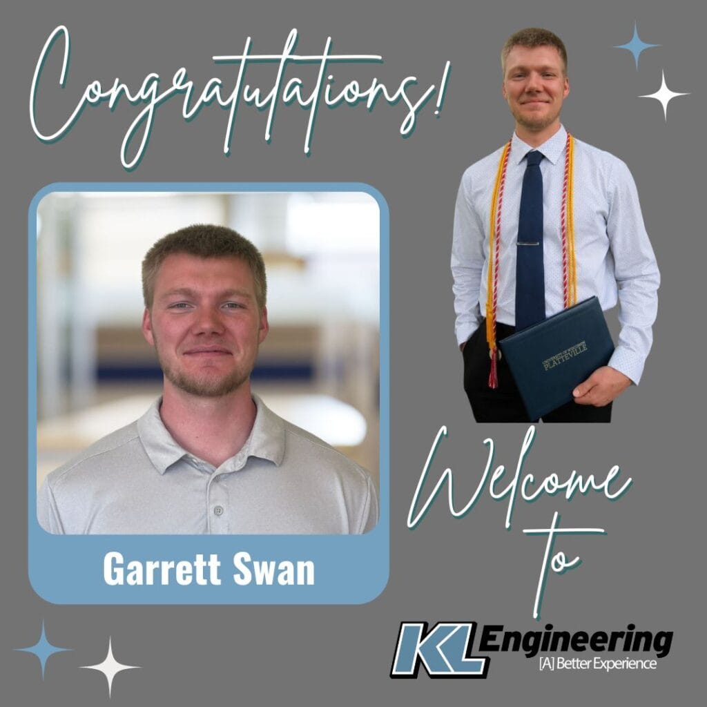Graphic with photo of employee at office and photo from their graduation wearing cap and gown with Congratulations and Welcome to KL Engineering with their name.