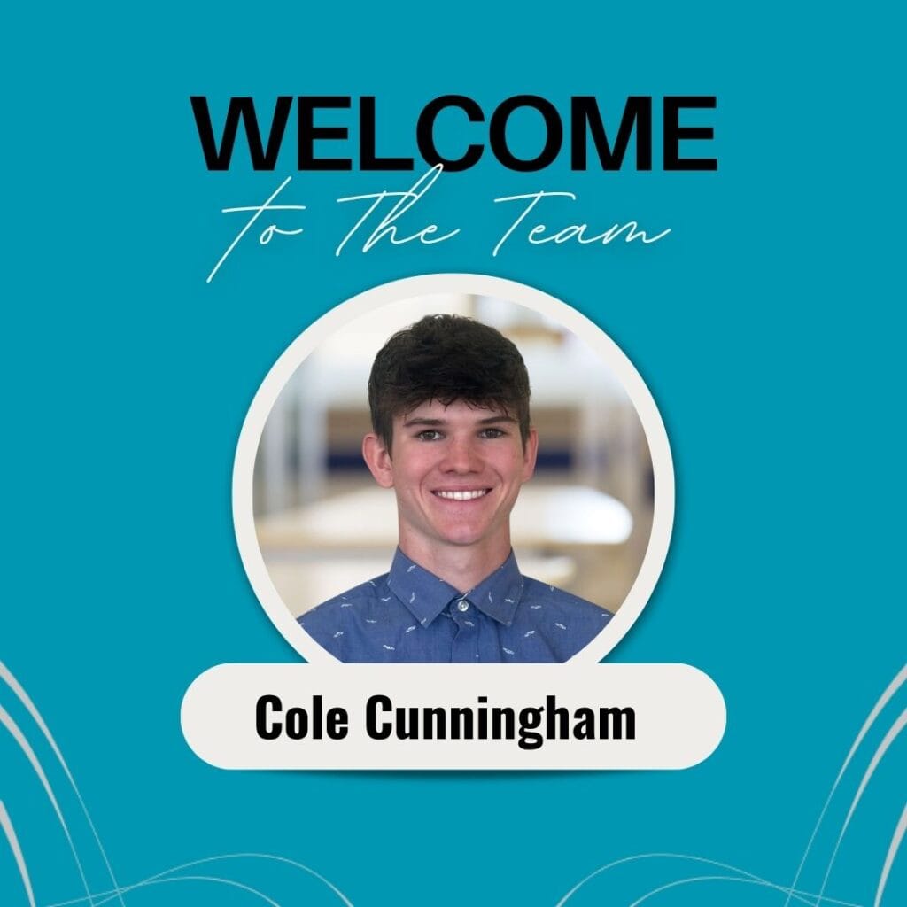 Graphic includes a photo of the employee on a light blue background with grey accents. The text on the top says "Welcome to the team."