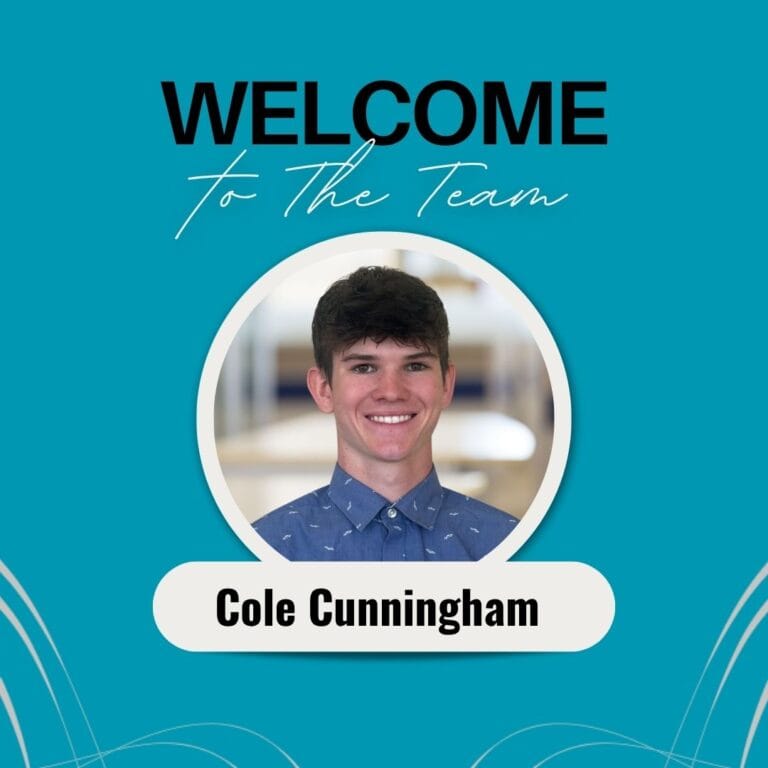 Graphic includes a photo of the employee on a light blue background with grey accents. The text on the top says "Welcome to the team."