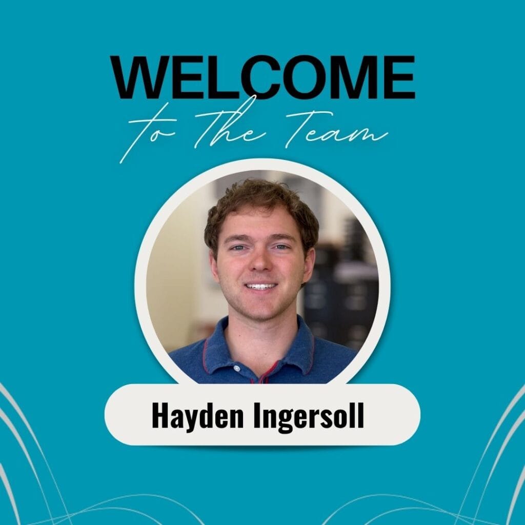 Graphic includes a photo of the employee on a light blue background with grey accents. The text on the top says "Welcome to the team."