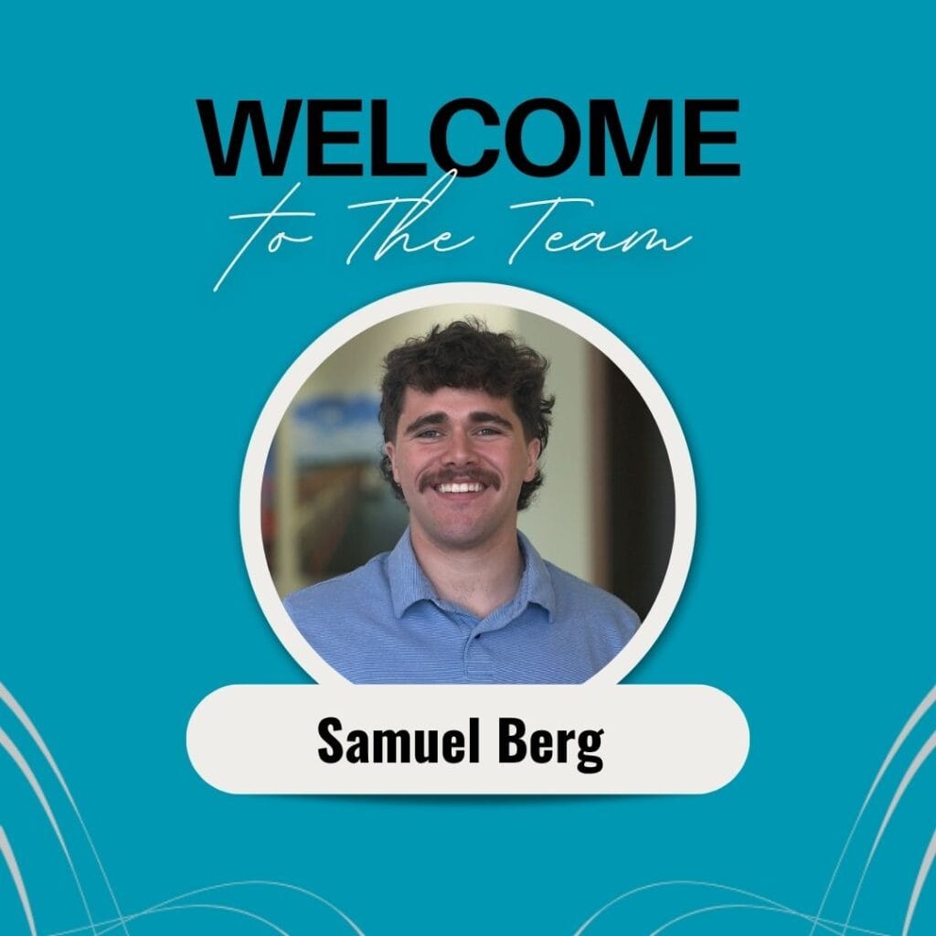 Graphic includes a photo of the employee on a light blue background with grey accents. The text on the top says "Welcome to the team."