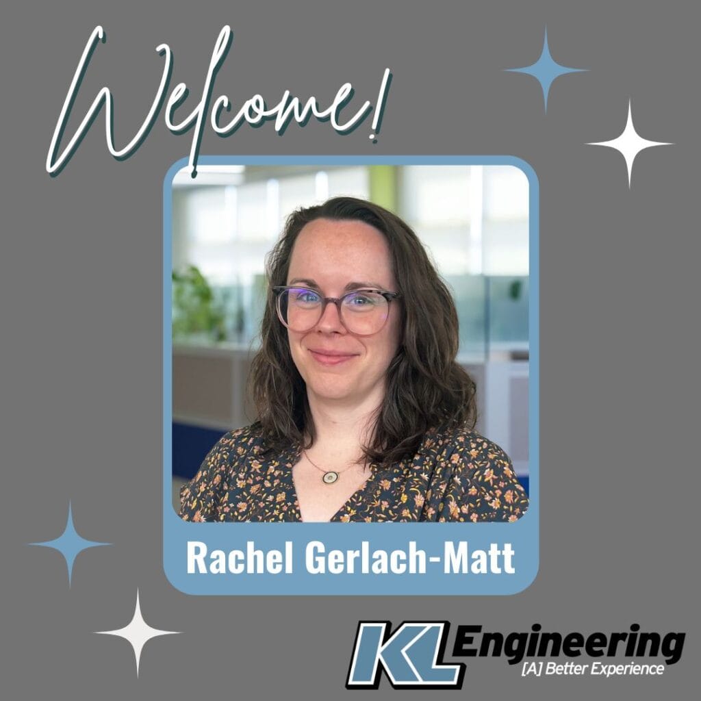 Graphic includes a photo of Rachel on a grey background with grey and light blue accents. The text on the top says "Welcome!" with the KL logo on the bottom.