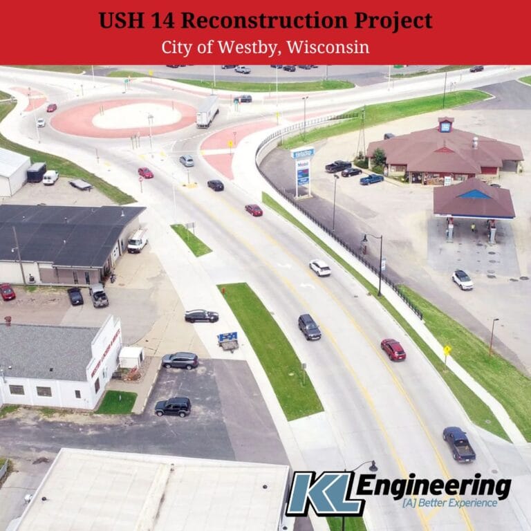 Graphic includes a drone photo of the project featured in the article, as well as the title of the project on the top with a red background.