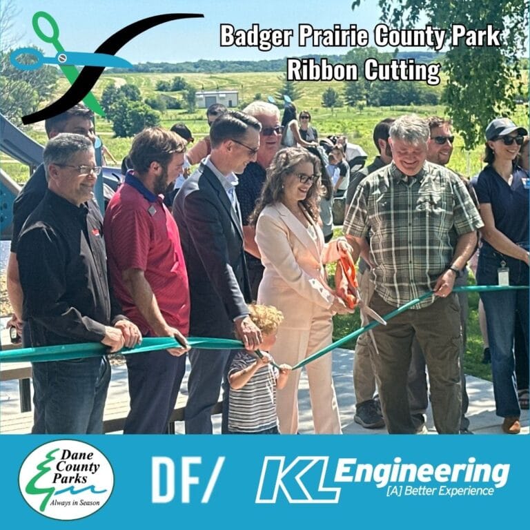 Graphic includes a photo of the ribbon cutting with the text "Badger Prairie County Park Ribbon Cutting" and logos for KL Engineering, Damon Farber, and Dane County Parks.