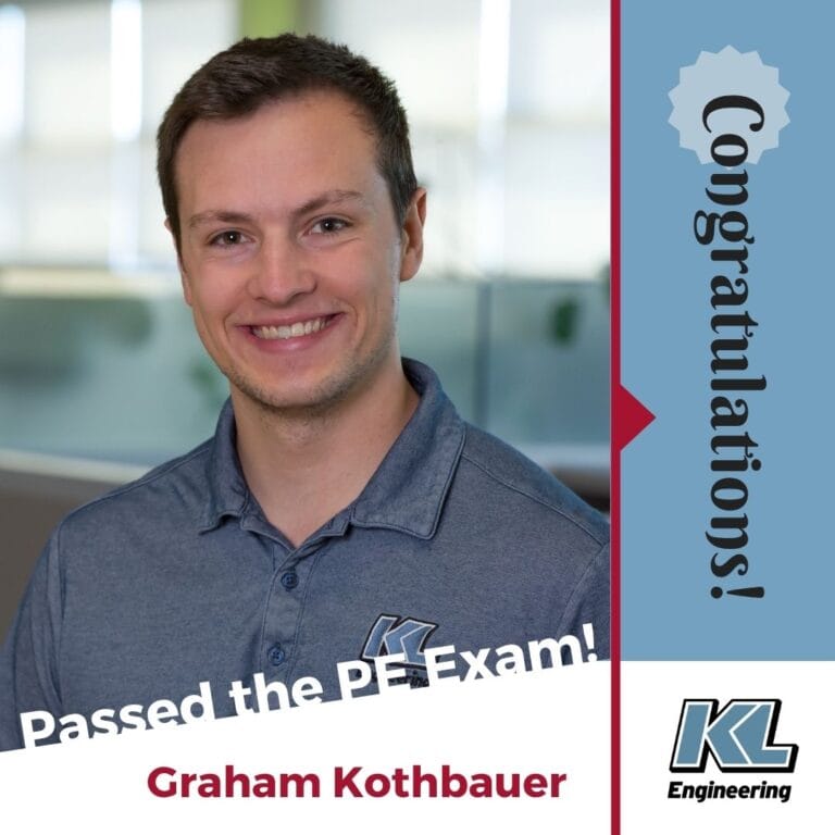 Graphic Includes a photo of the employee being celebrated, as well as the text "Passed the PE Exam!" across the bottom, and "Congratulations!" from the top right corner to the bottom right corner. Includes light blue and red accents.