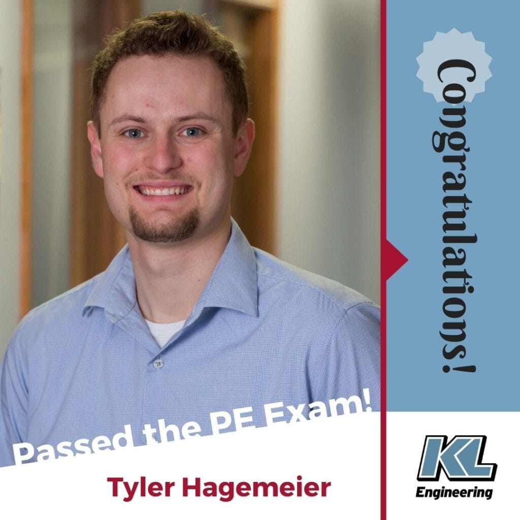 Graphic Includes a photo of the employee being celebrated, as well as the text "Passed the PE Exam!" across the bottom, and "Congratulations!" from the top right corner to the bottom right corner. Includes light blue and red accents.