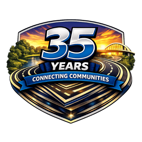 35th Anniversary Logo badge showing 35 Years of Connecting Communities with roadways, bridges, and environmental features.