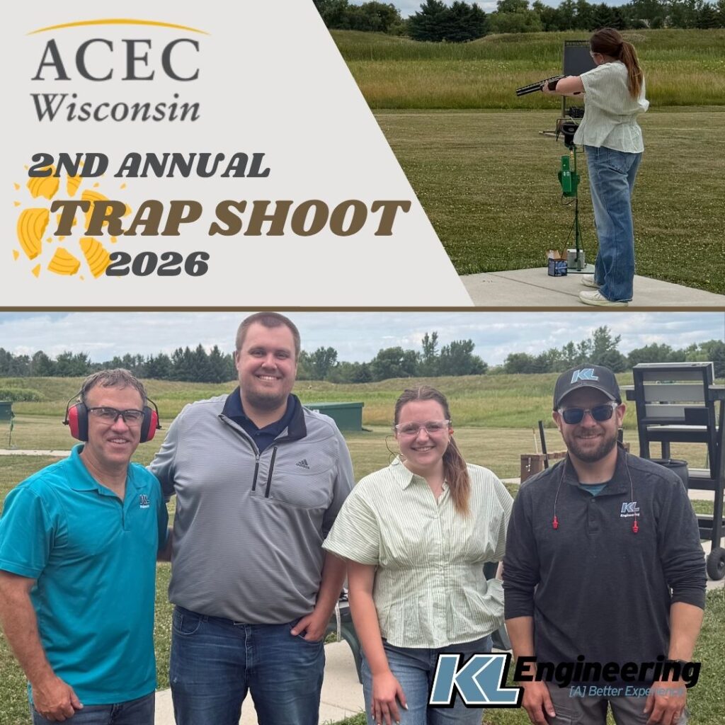 Graphic includes photos of employees at the event, including a photo of an employee shooting and a group photo. Graphic also has ACEC Wisconsin and KL Engineering's logos.