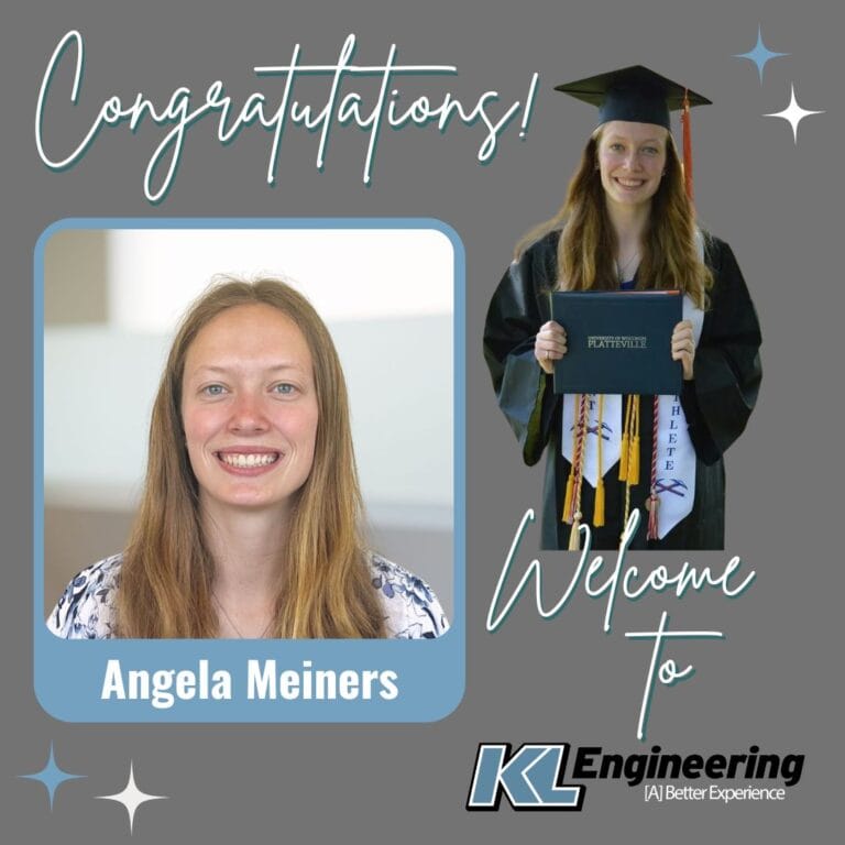 Graphic with photo of employee at office and photo from their graduation wearing cap and gown with Congratulations and Welcome to KL Engineering with their name.