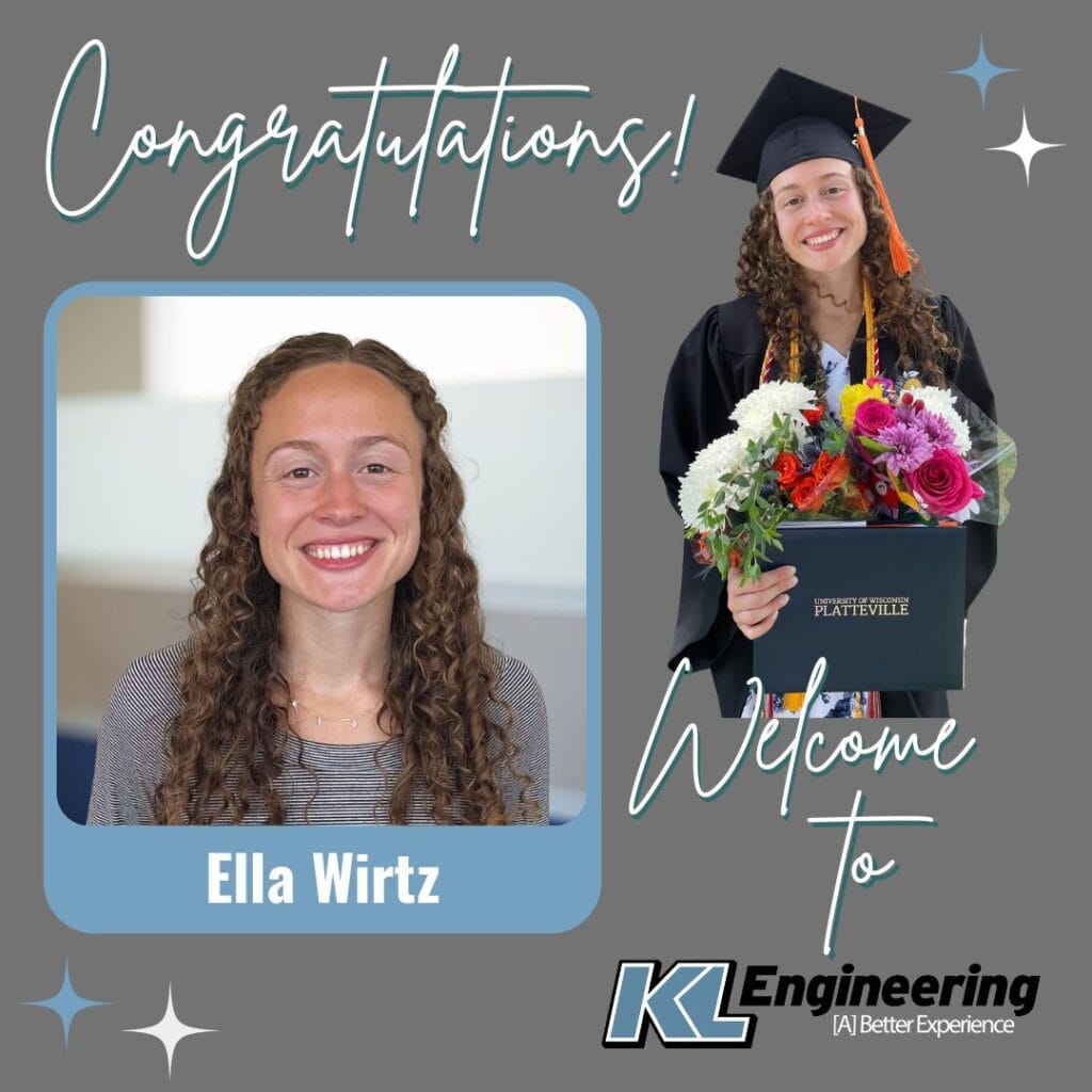 Graphic with photo of employee at office and photo from their graduation wearing cap and gown with Congratulations and Welcome to KL Engineering with their name.