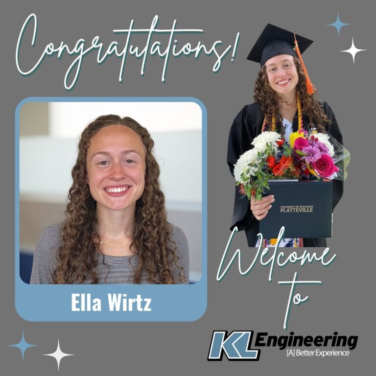 Graphic with photo of employee at office and photo from their graduation wearing cap and gown with Congratulations and Welcome to KL Engineering with their name.