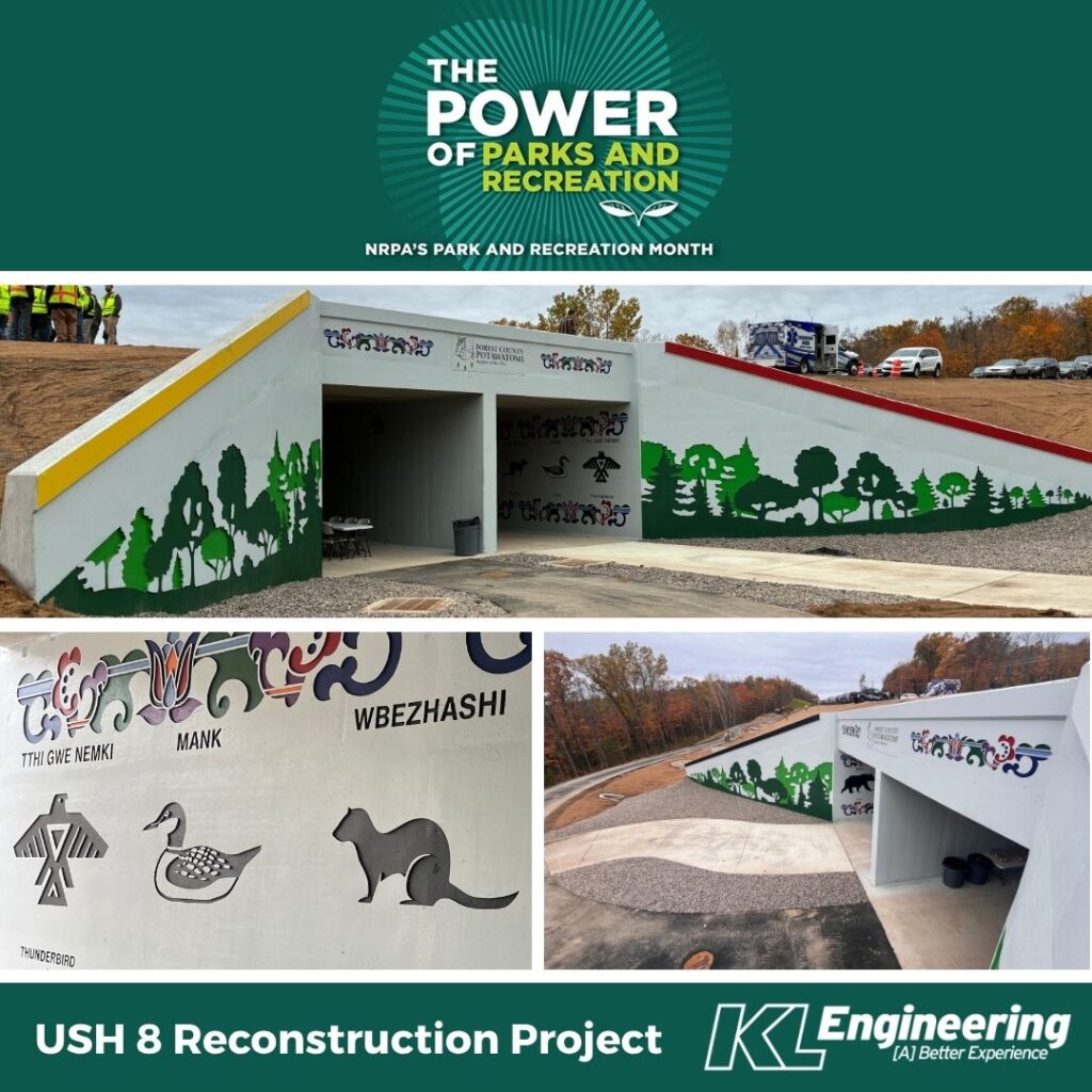 Graphic includes the "Power of Parks and Recreation" graphic on the top, photos of USH 8, with KL Engineering's logo with deep blue green accents.