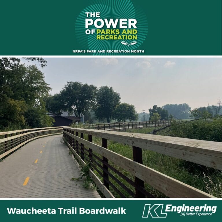 Graphic includes the "Power of Parks and Recreation" graphic on the top, photos of Waucheeta Trail, with KL Engineering's logo with deep blue green accents.