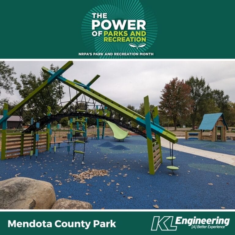 Graphic includes the "Power of Parks and Recreation" graphic on the top, as well as a photo of Mendota County Park and KL Engineering's logo with deep blue green accents.