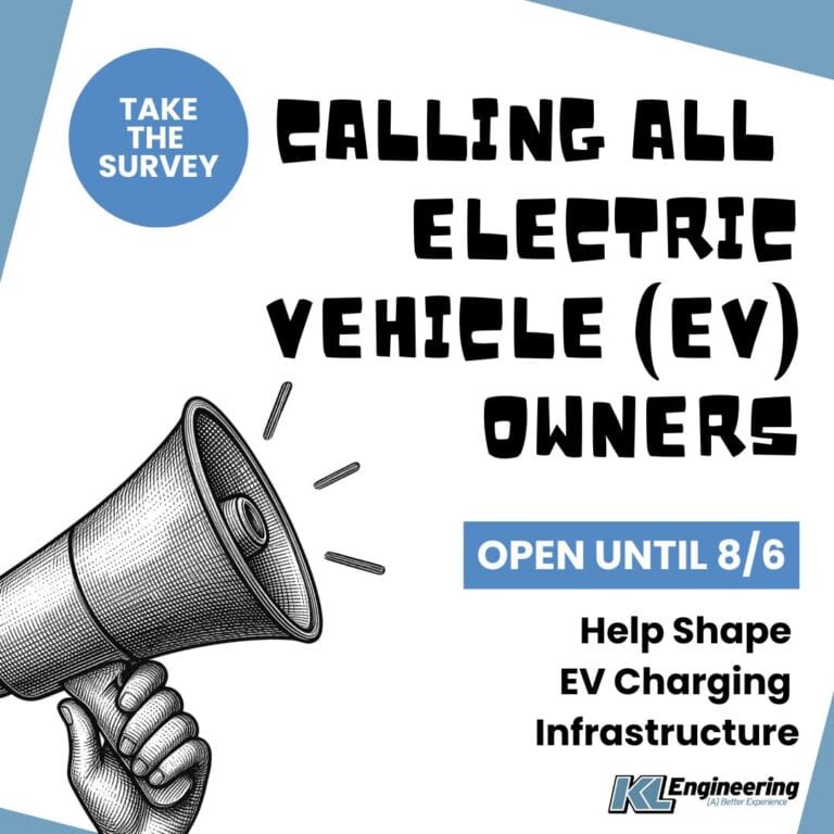 Graphic includes a megaphone and the text "Calling All Electric Vehicle (EV) Owners" and "Help shape EV Charging Infrastructure." with light blue accents and a KL logo.