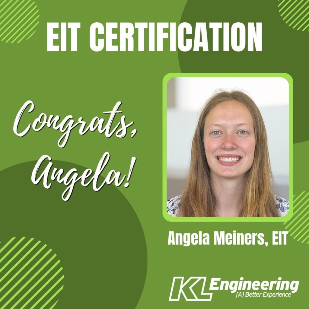 Graphic includes the headshot of the employee being celebrated with green accents on a light green background. There is text that says "EIT CERTIFICATION" and "Congrats, Angela!"