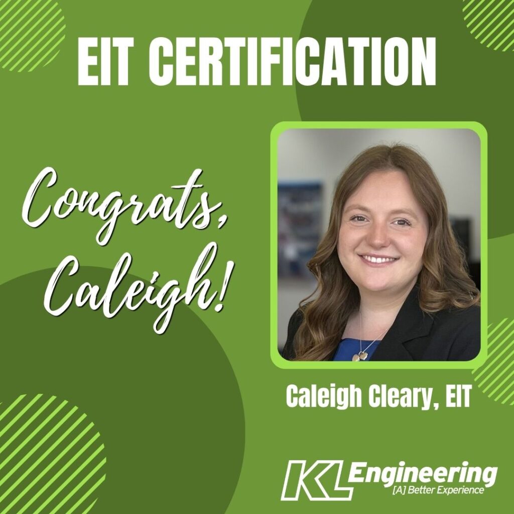 Graphic includes the headshot of the employee being celebrated with green accents on a light green background. There is text that says "EIT CERTIFICATION" and "Congrats, Caleigh!"