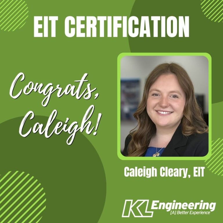Graphic includes the headshot of the employee being celebrated with green accents on a light green background. There is text that says "EIT CERTIFICATION" and "Congrats, Caleigh!"