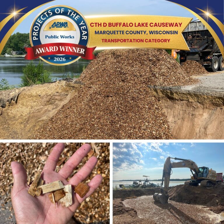 Graphic includes a collage of the woodchips used as back fill on the CTH D Causeway Project.