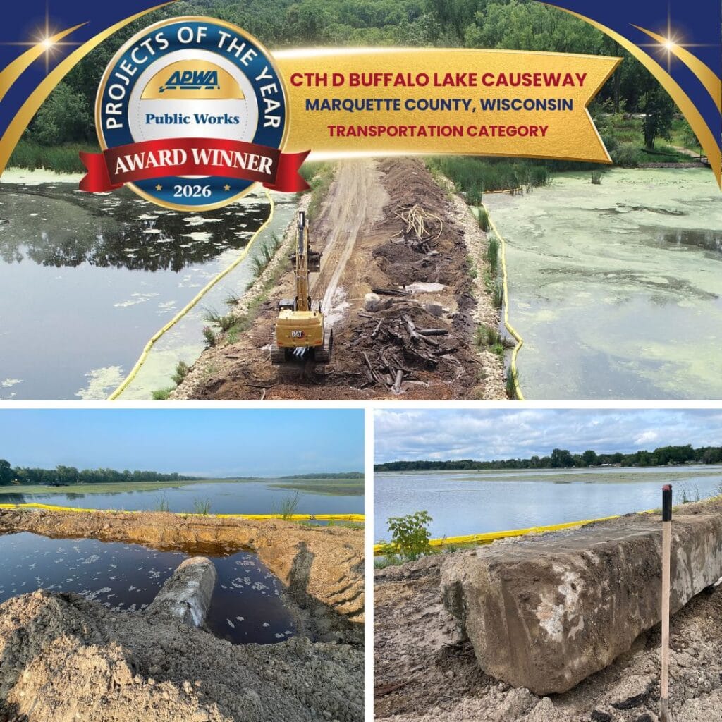 Graphic includes a photo of the old construction materials found on the project and details about the award being celebrated by the post.
