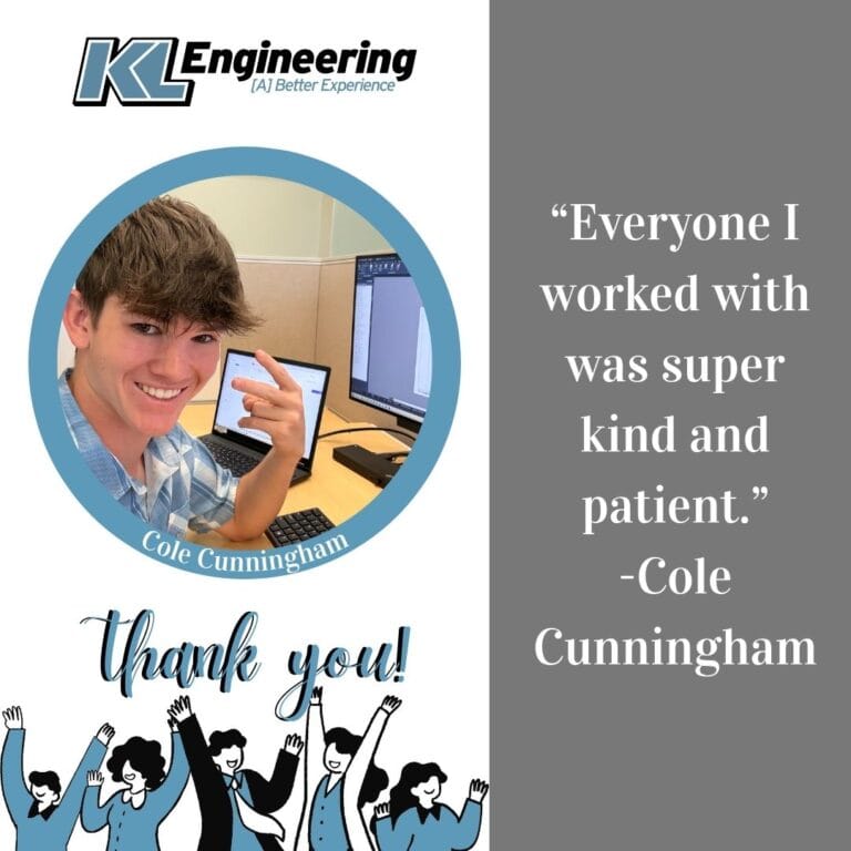 Graphic includes a photo of the employee on the job, as well as a quote about their time as an intern. At the bottom left corner, the text "Thank You!" is written above an icon of people celebrating.