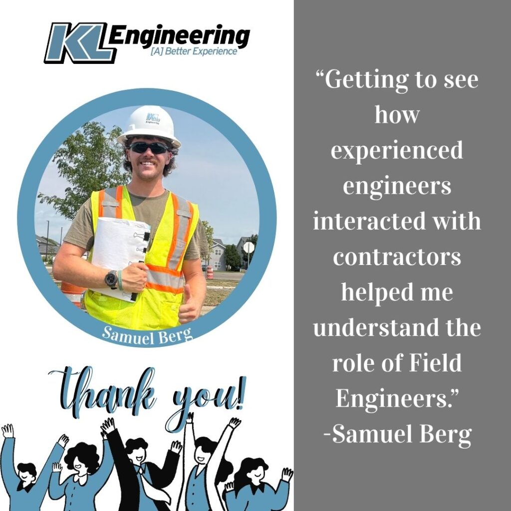 Graphic includes a photo of the employee on the job, as well as a quote about their time as an intern. At the bottom left corner, the text "Thank You!" is written above an icon of people celebrating.