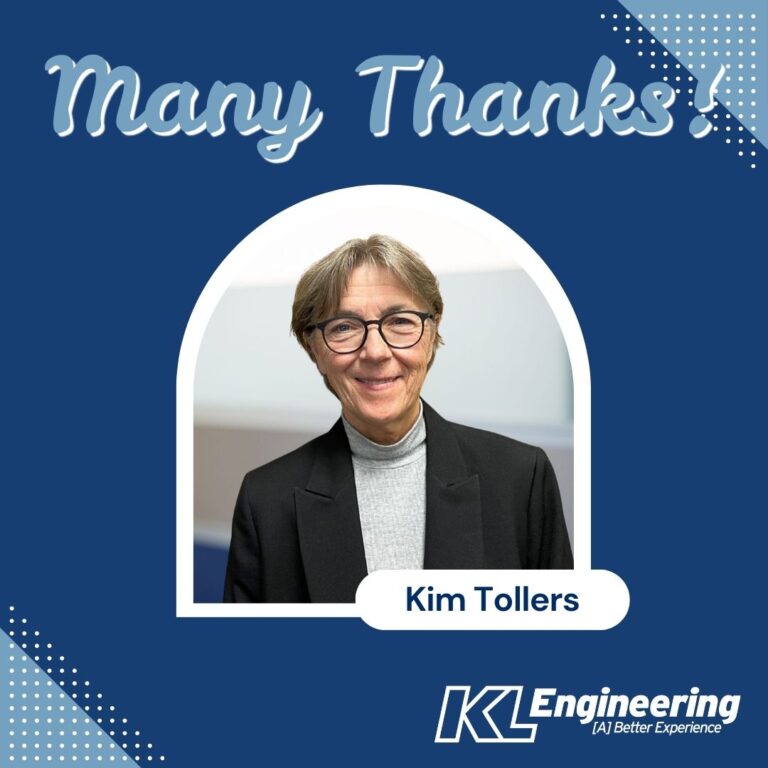 Graphic includes a photo of the employee being celebrated with the text "Many Thanks!" on the top and the KL logo in the bottom corner. The graphic has a deep blue background and grey-blue accents.