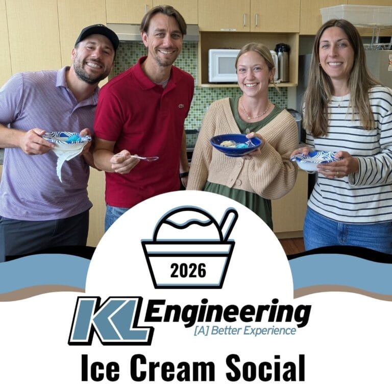 Graphic includes a photo of some employees enjoying ice cream, with an icon of a bowl of ice cream with 2026 on it, the KL logo, and "Ice Cream Social." Includes light blue and gold accents across the center of the graphic.