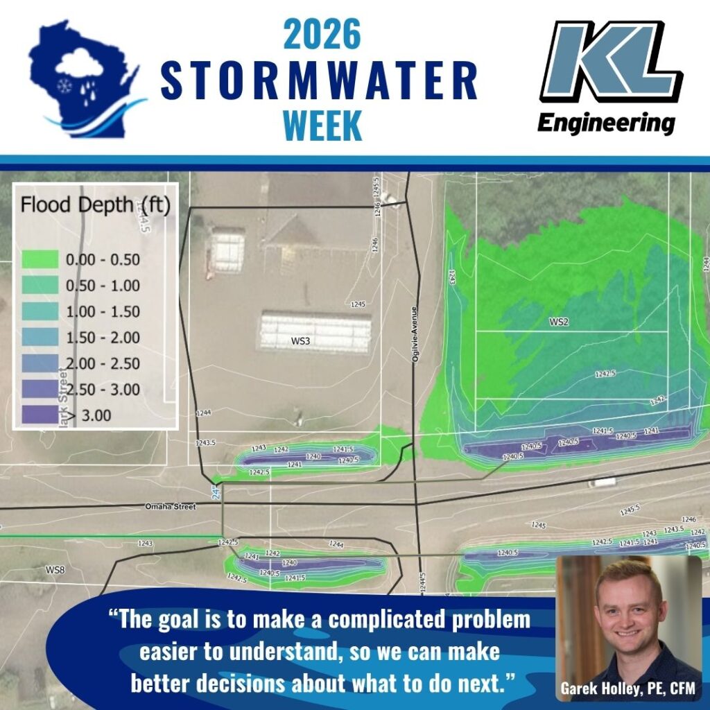 Graphic of a hydraulic modeling map, part of the quote in the post, a small headshot of Garek Holley, the KL logo, and 2026 Stormwater Week title / logo.