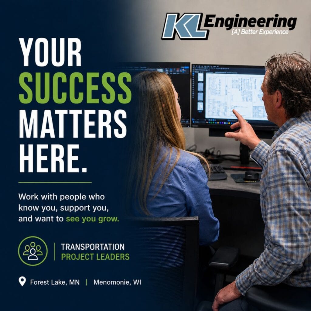 Graphic of two people working together at a computer with 'Your Success Matters Here' header. Also lists Forest Lake, MN and Menomonie, WI and says 'Work with people who know you, support you, and want to see you grow' with the KL logo.