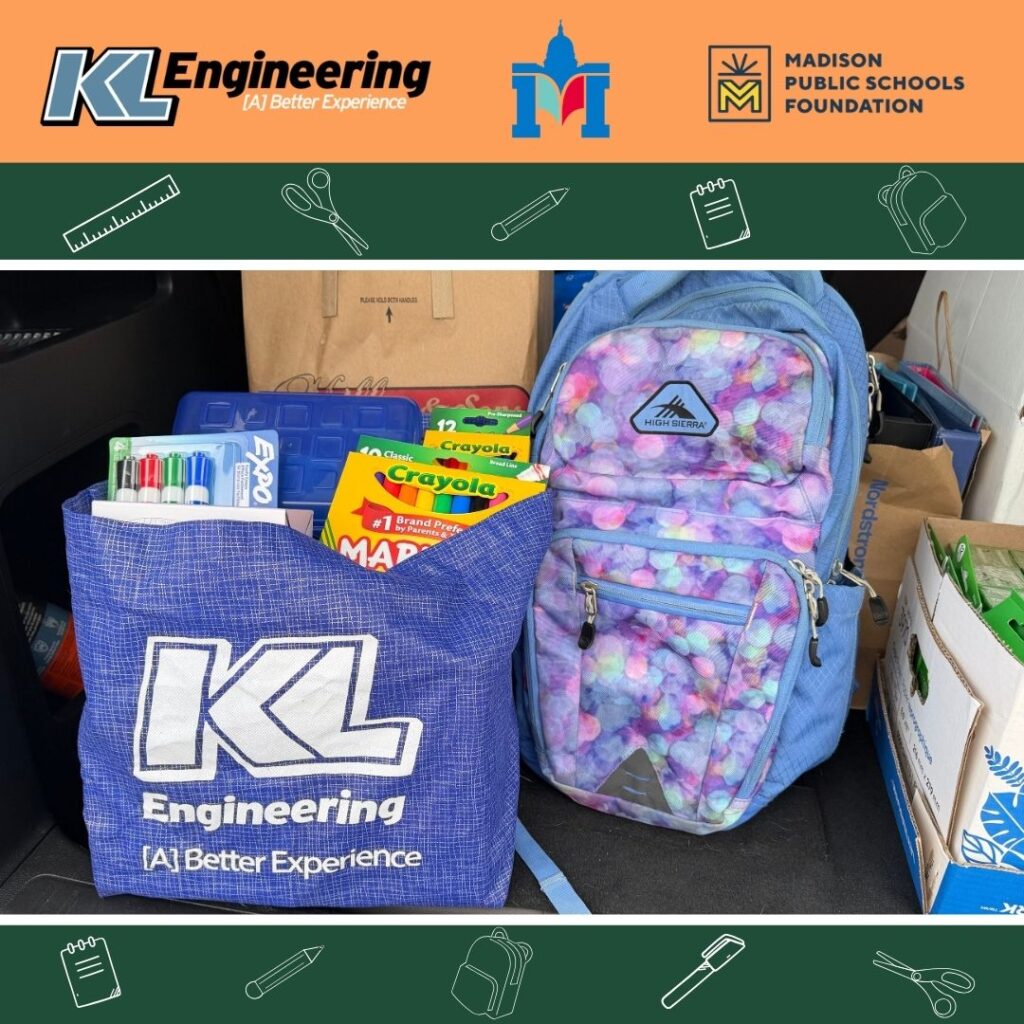 Graphic includes a photo of a collection of school supplies in a KL tote bag and a backpack on a dark green background with orange accents.